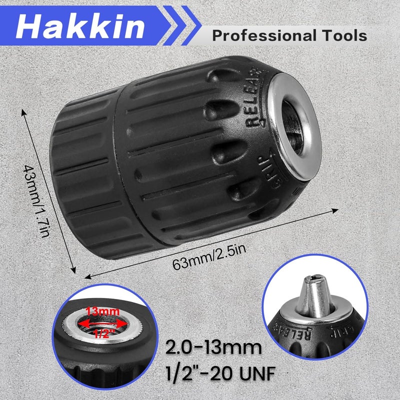 Hakkin 2-13mm Keyless Drill Chuck Adapter, 1/2-20Unf Drill Chuck with SDS-PLUS Shank Bit, 1/4" Hex Shank Lock Key, 1/2” Socket Square Female Adapter for Impact Driver, Electric Drill, Hammer Drill - Image 2